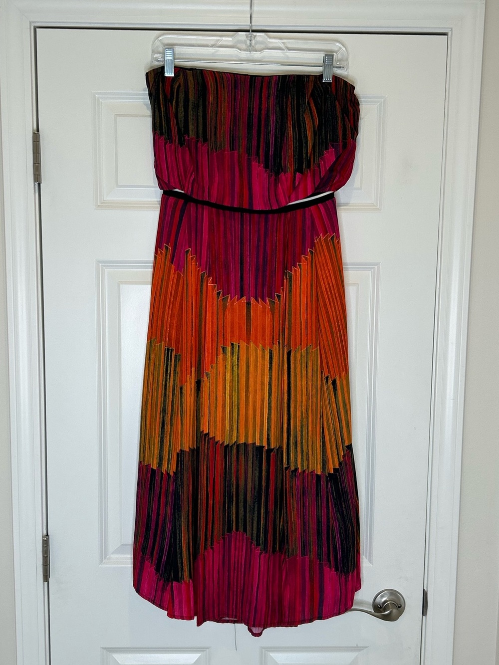 HUNTER BELL Strapless Pleated Colorblock Midi Dress in Pink, Orange, Black Sz 2
